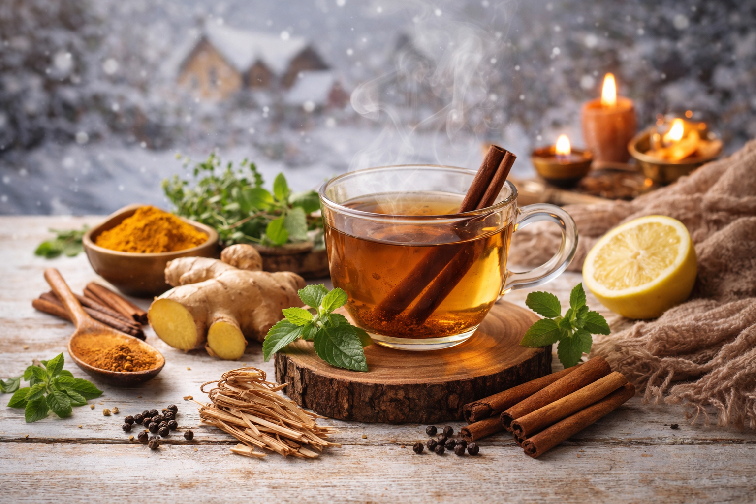 kadha for winter India with tulsi ginger turmeric herbal tea for immunity cough and cold